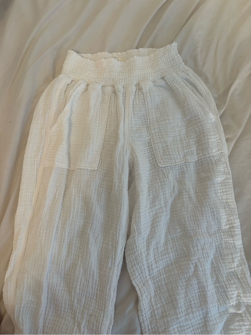 White Gauze Smocked Waist Pants